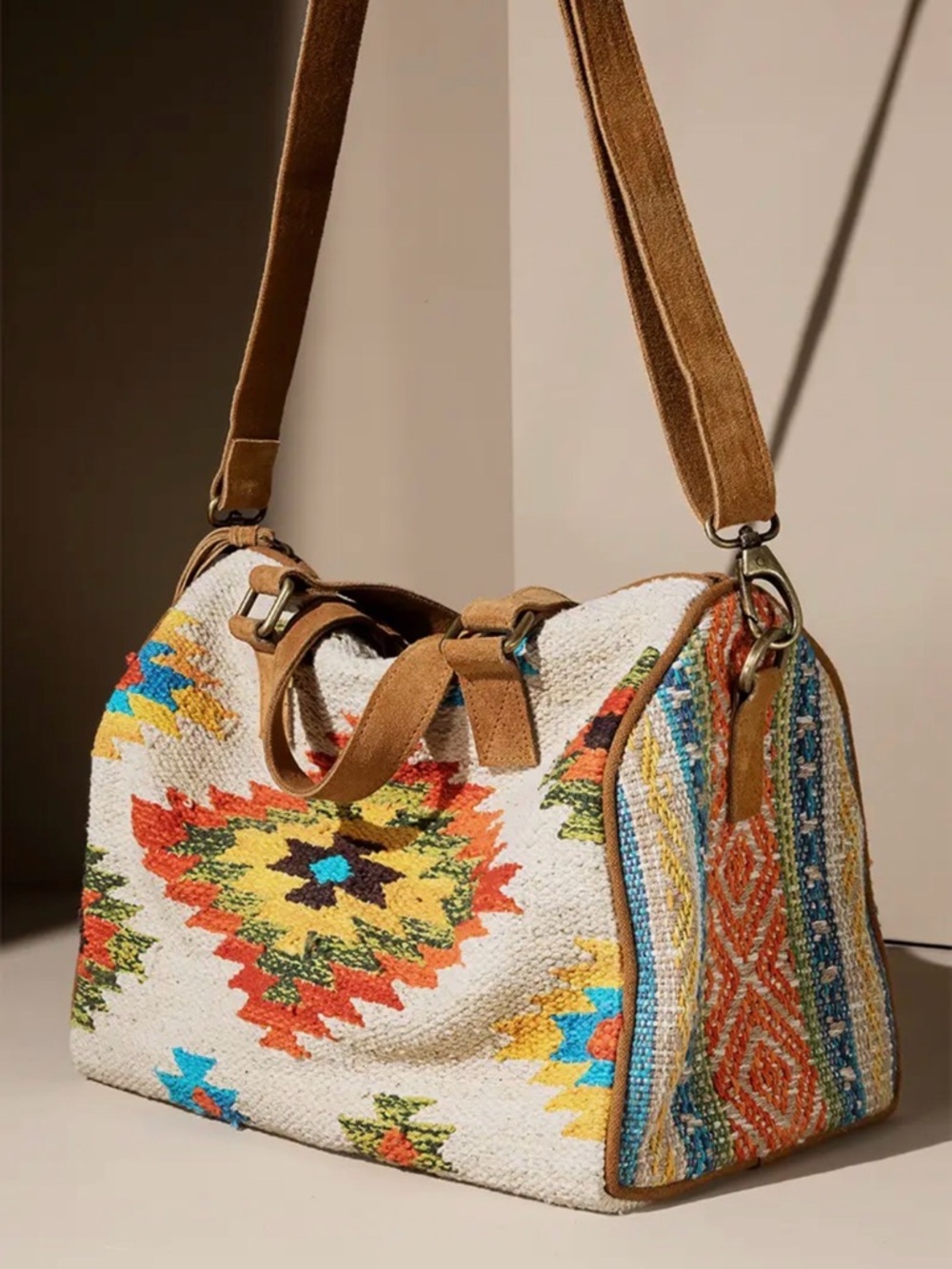 Handwoven Boho Satchel Bag in Cream & Multicolor - Picture 3 of 6